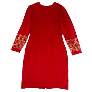Vintage 80s Gantos Dress 8 Red Gold Embroidered Sleeves Holiday Made‎ In USA